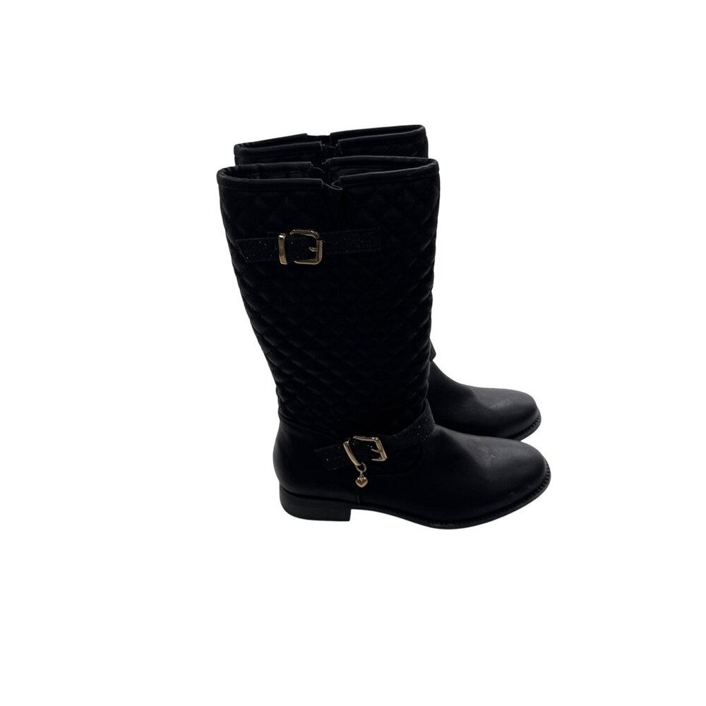 Skechers Girls Black Quilted Knee-High Boots With Gold Buckles & Side Zippers - - Picture 3 of 10
